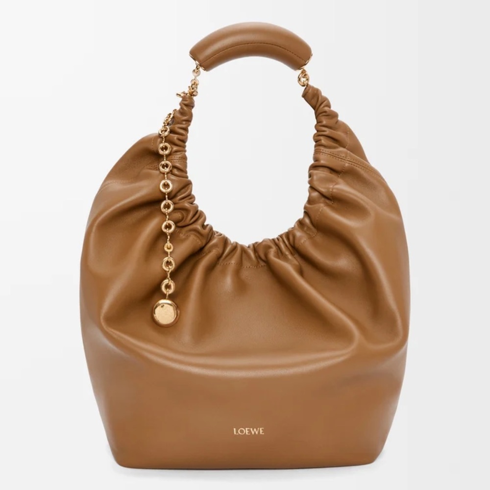 Loewe Caramel Brown Leather Ruched Shoulder Bag with Gold Charm